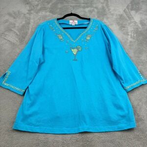 Quacker Factory Martini Daiquiri Sequin Top Women 1X Blue Cotton Vacation Resort